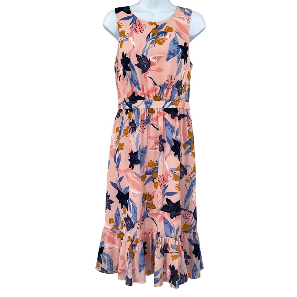 J. Crew Pink Floral Midi Dress Ruffle Hem Sleeveless Sz 2 Career Party Event